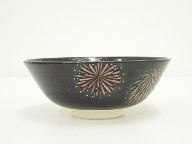 京焼 三宅陽春造 黒釉 花火図平茶碗（共箱）：リサイクル